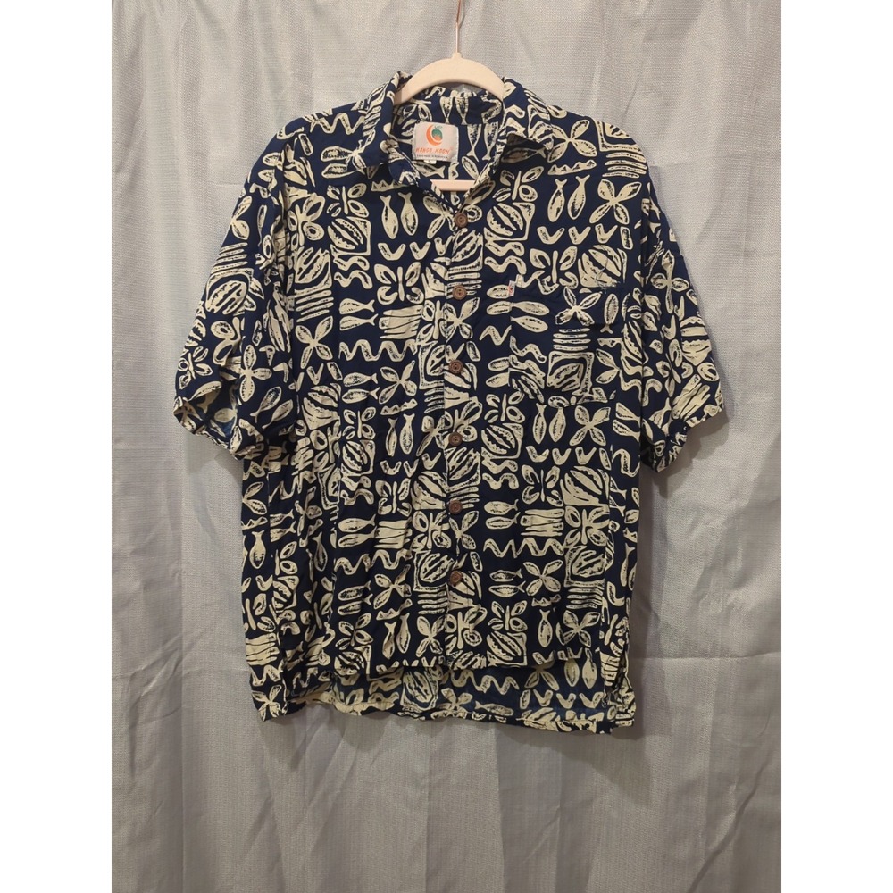 Mango Moon mens L Rayon Hawaiian shirt blue tropical hand block print boho boxy